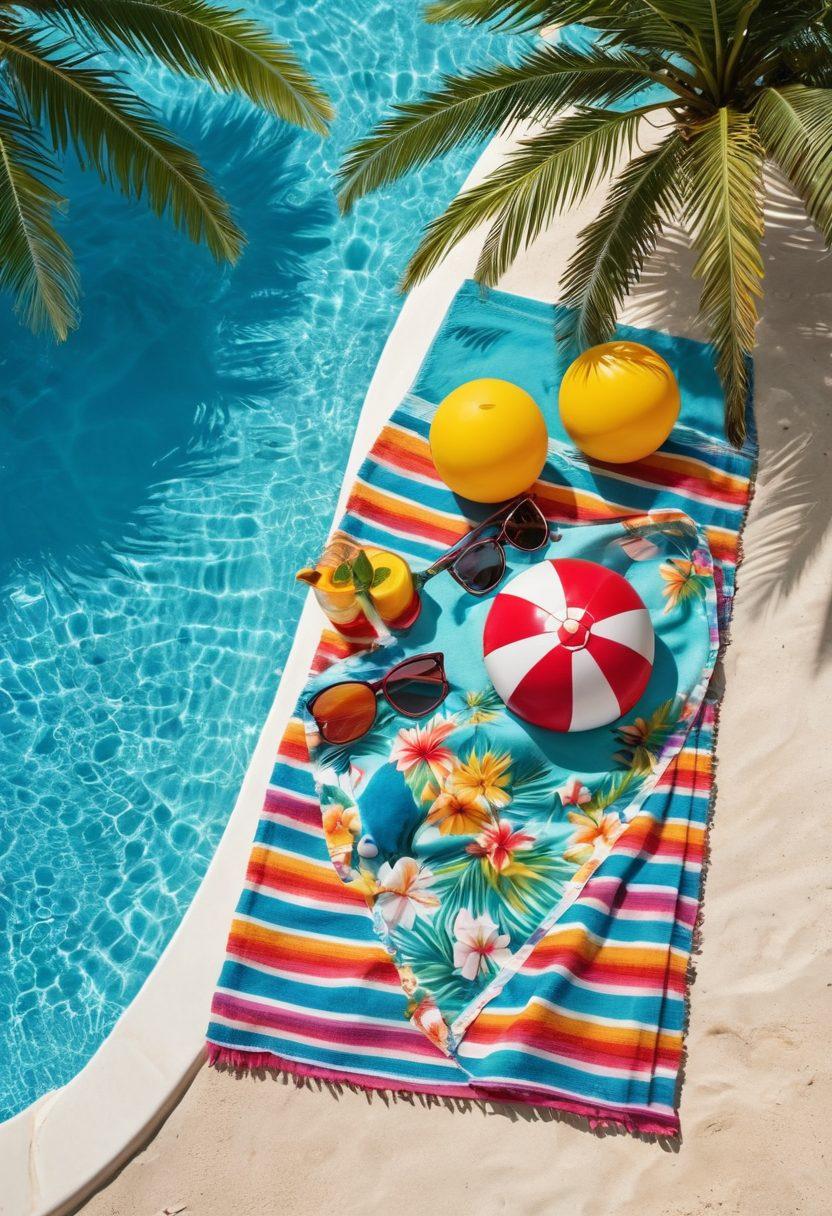 A vibrant summer pool scene showcasing an array of stylish beachwear laid out on a colorful towel by the poolside. Include playful elements like a beach ball, sunglasses, and tropical drinks to evoke a relaxed vibe. The sun is shining brightly, casting shimmering reflections on the water, and palm trees sway gently in the background. Capture the essence of joy and carefree summer days. vivid colors. bright and cheerful. 3D.