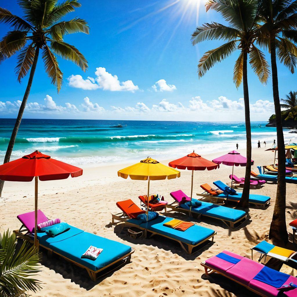A tropical beach scene filled with colorful bikinis displayed on vibrant sun lounges, surrounded by palm trees and ocean waves. Include a diverse group of people happily enjoying various beach activities such as surfing, playing beach volleyball, and sunbathing. The sun is shining bright, casting sparkles on the water. Make it feel lively and inviting, embodying the essence of summer fun. super-realistic. vibrant colors. summer vibes.